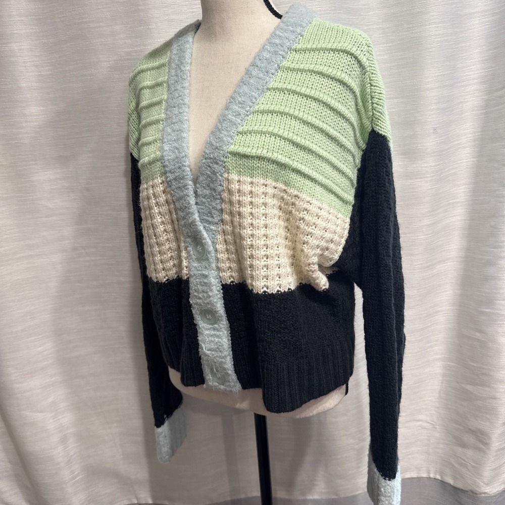 EUC Women's ADYSON PARKER Multi Colorful Cardigan V neck Chunky Sweater Med